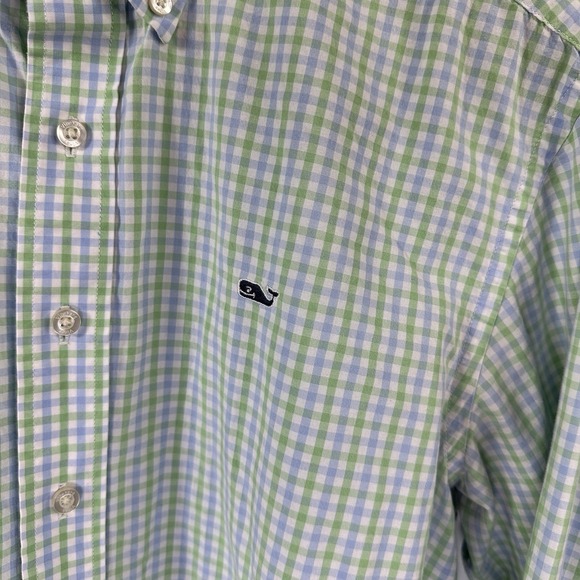Vineyard Vines Whale Button Down Long Sleeve Shirt Check Blue Green White Mens M - Picture 3 of 9